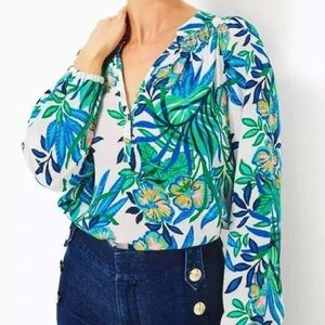 Lilly Pulitzer Elsa 100% Silk Top Blouse Multi Golden Hour Glam Size XS